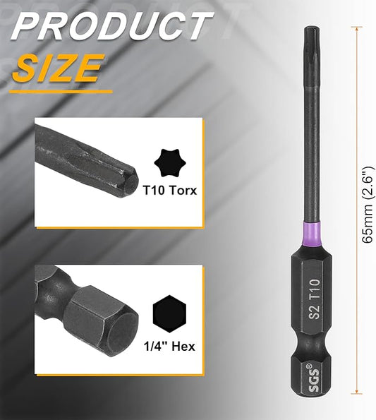 HARFINGTON 5pcs T10 Torx Head Impact Screwdriver Bits 1/4" Hex Shank 2.6" (65mm) Long Magnetic No Hole Tamper Proof 6 Point Star Screw Driver Drill Bits Phosphate S2 Steel Power Tools