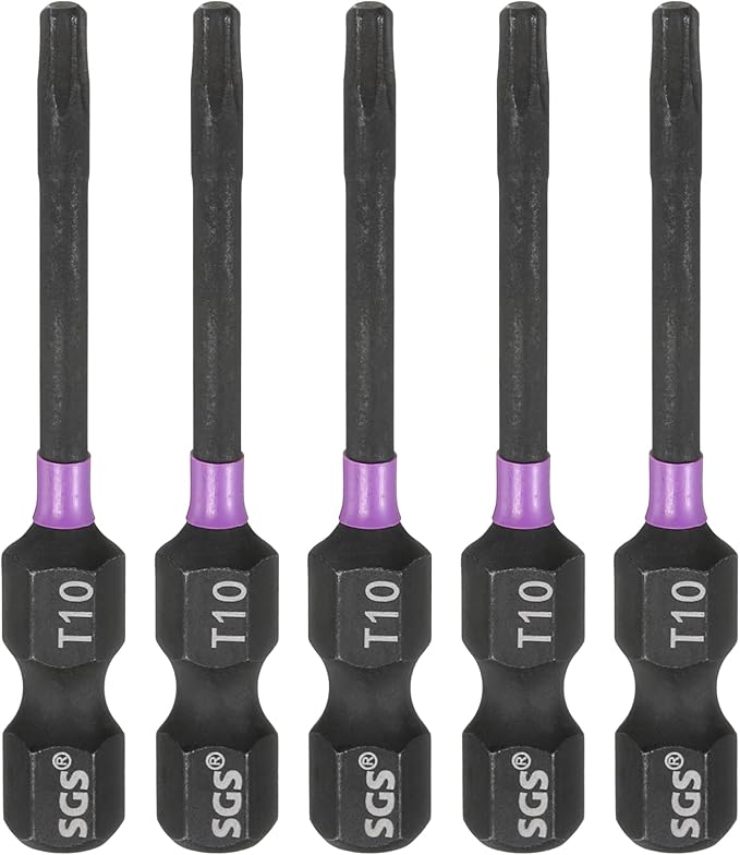 HARFINGTON 5pcs T10 Torx Head Impact Screwdriver Bits 1/4" Hex Shank 2" (50mm) Long Magnetic No Hole Tamper Proof 6 Point Star Screw Driver Drill Bits Phosphate S2 Steel Power Tools