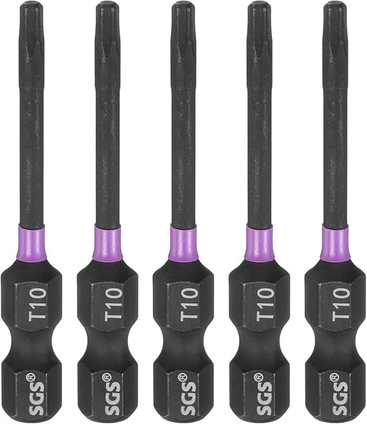 HARFINGTON 5pcs T10 Torx Head Impact Screwdriver Bits 1/4" Hex Shank 2" (50mm) Long Magnetic No Hole Tamper Proof 6 Point Star Screw Driver Drill Bits Phosphate S2 Steel Power Tools