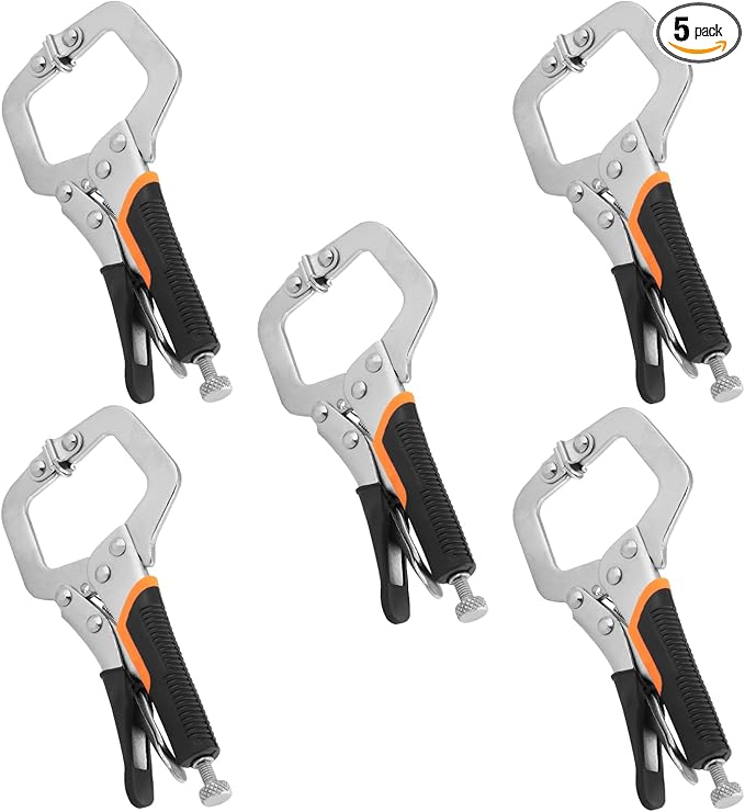 5 Pack 6 Inch C Clamp Locking Pliers,Locking C Clamp With Non-Slip Rubber Grip, Adjustable Nickel Plated C Pliers for Wood Working, Welding, Electrician Maintenance and More, by GENHAKON