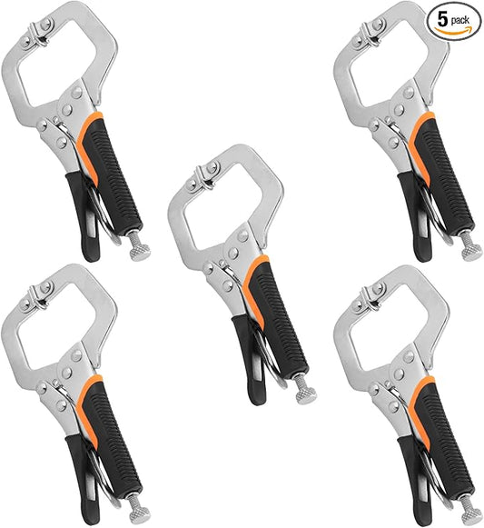 5 Pack 6 Inch C Clamp Locking Pliers,Locking C Clamp With Non-Slip Rubber Grip, Adjustable Nickel Plated C Pliers for Wood Working, Welding, Electrician Maintenance and More, by GENHAKON