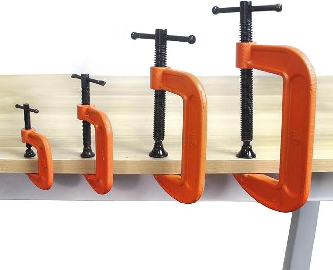 (4-Piece) C Clamps Set 1-Inch, 2-Inch, 3-Inch, 4-Inch Heavy Duty Steel Iron Alloy Versatile G-Clamps, Orange