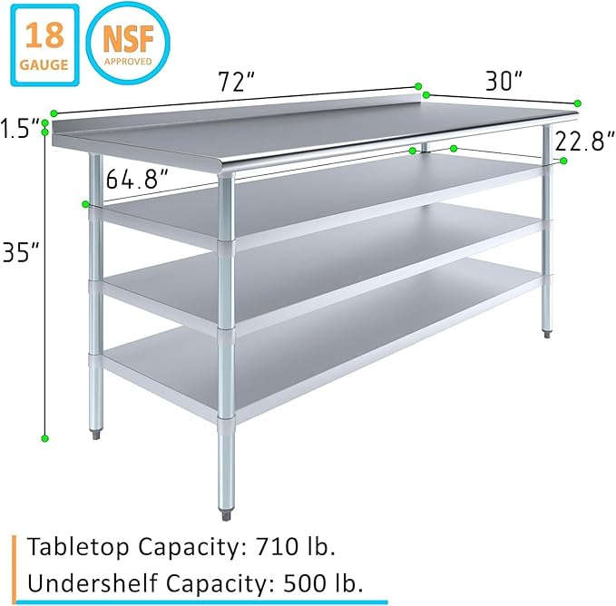 Stainless Steel Work Table with 1.5" Backsplash and 3 Shelves | Metal Kitchen Food Prep Table | NSF Certified (72" Long x 30" Deep)