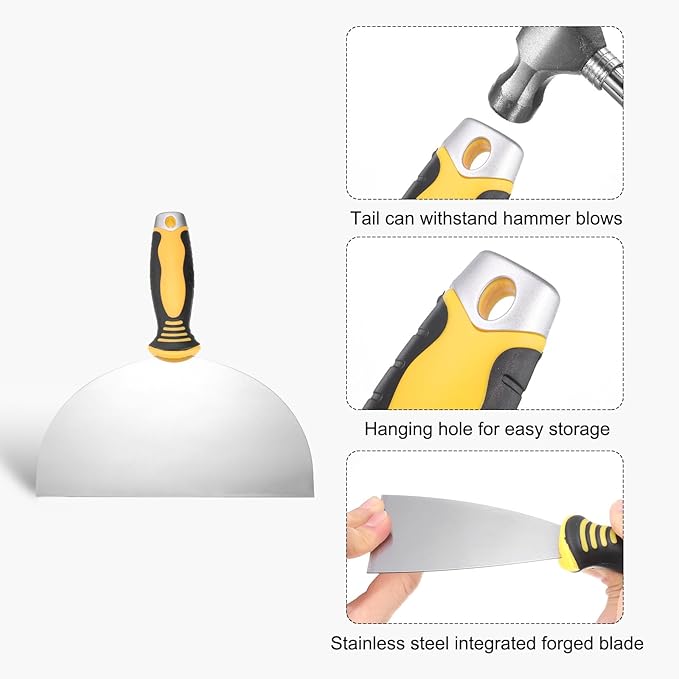 uxcell Putty Knife 8" High Carbon Steel Paint Scraper Flexible Drywall Repair Mud Knife for Removing Cement Wallpaper Mud Adhesive Taping with Metal Hammer End