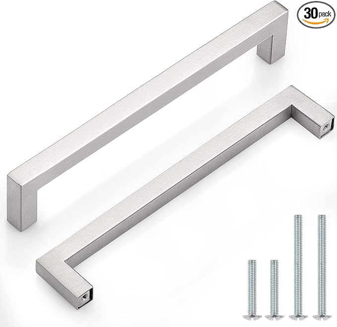 Probrico 30 Pack Satin Nickel Square Bar Cabinet Pulls Drawer Dresser Handles Stainless Steel Modern Door Hardware for Kitchen and Bathroom Cabinets Cupboard,Hole Center 7-9/16 inch(192mm)