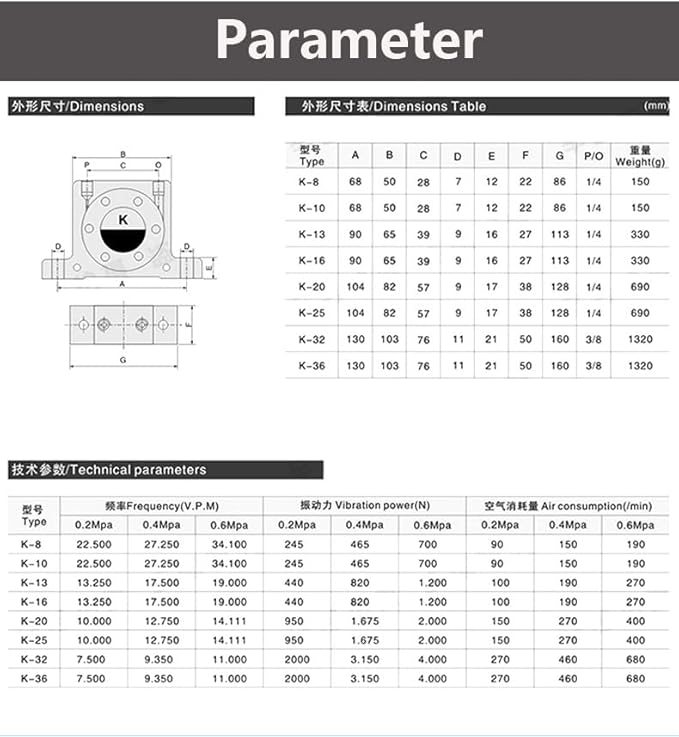 K 1/4'' K13 Thread Pneumatic Vibrator Power Concrete Vibrator Ball Type Aluminum Alloy Air Turbine Oscillator with Silencer