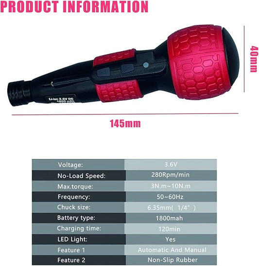 3.6V Cordless Electric Screwdriver Rechargeable portable Mini Rotary Home Gadget竊똀utomatic Manual all in one with LED Light and USB-C Charging Cable RED