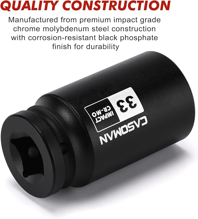 CASOMAN 3/4" Drive 33 mm Axle Nut Impact Socket, CR-MO, 6 Point Deep Impact Socket (33MM) for Easy Removal of Axle Shaft Nuts