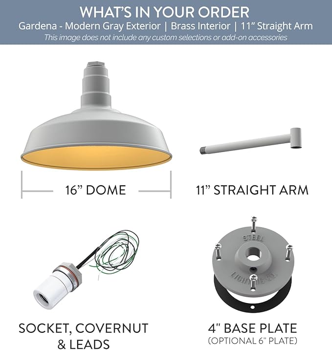 Steel Lighting Co. | Dusk to Dawn | Gardena Barn Light | Outdoor Wall Mounted | 16" Dome | 11" Straight Arm | Farmhouse Light Made in America | Modern Gray/Brass