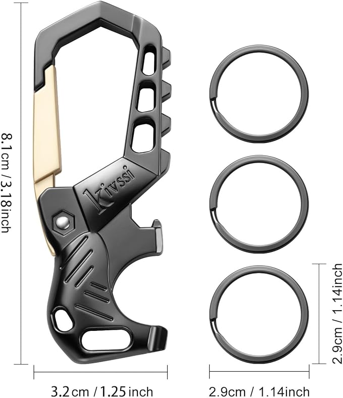 Heavy duty metal keychains, Carabiner clip Car key chains,Fashion family keychain bottle opener and 3 Key Rings suitable for men and women.（Gold-1pcs）