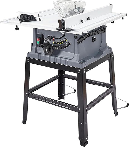 Table Saw 10 Inch, Portable Benchtop Table Saw, Stand & Push Stick, 5000RPM, Adjustable Blade Height, with Port for Connecting Dust Collector, 90°Cross Cut & 0-45°Bevel Cut