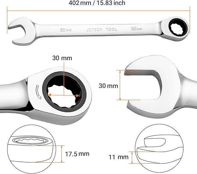 Jetech 30mm Ratcheting Combination Wrench, Industrial Grade Gear Spanner with 12-Point 72-Tooth Ratchet, Forged and Heat-Treated Cr-V Steel, Metric