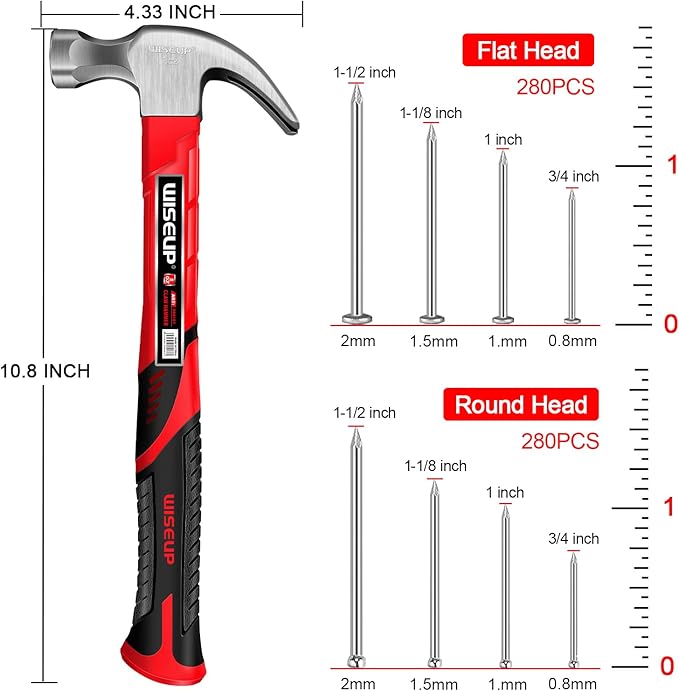 WISEUP Hammer and nails Set 560pcs Wall Nails & Finish Nails For Hanging Pictures Small Hammer Set 8oz Tape Measure 10ft Basic Woodwork Tool Kit For Home Decor,Wood Craft,Household DIY Supplies