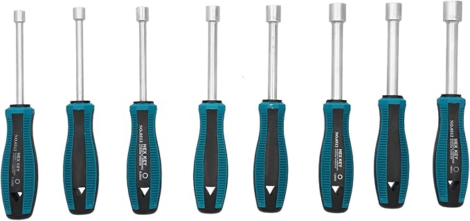 8Pcs Hex Nut Driver Set, 7mm-14mm Chrome Vanadium Alloy Steel Deep Hole Socket Wrench Screwdriver with Non-Slip Handle Screw Fastening Tool, with PE Bag Packaging