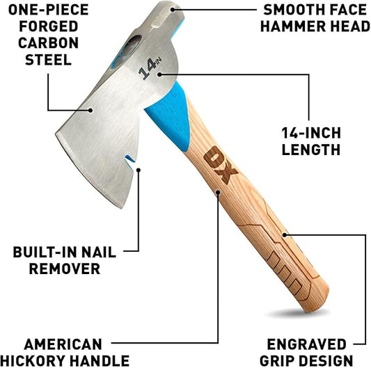 OX Tools Pro 14 Inch Carbon Steel Hatchet, Straight Hickory Handle & Smooth Face Hammer Head OX-P094814