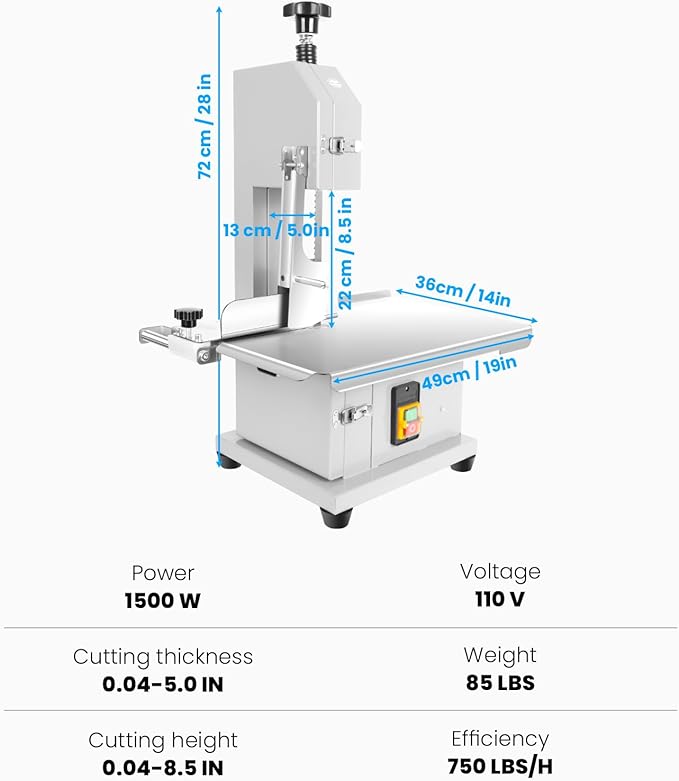 1500W Electric Bone Saw Machine, 19x14" Stainless Steel Worktable, Cuts 0.04-5.0" Thickness, Frozen Meat Cutter with 8 Blades Included, Commercial Bandsaw Machine for Rib Pork Beef