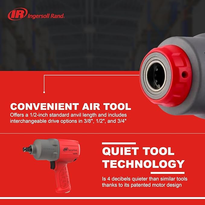 Ingersoll Rand 2236QTIMAX DXS2 1/2" Air Impact Wrench, Quiet, 1,500 ft-lb Torque, Titanium Hammer Case, Friction Ring Retainer, Pistol, Interchangeable Anvil, Multifunctional Tool
