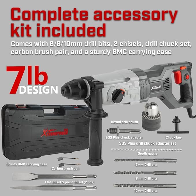 XtremepowerUS 800W SDS-Plus Electric Rotary Hammer Drill, Demolition Chiseling & Drilling Bits Set with Case