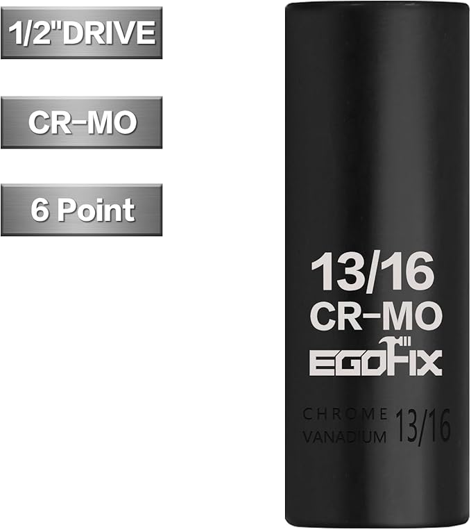 1/2" Drive Deep Impact Socket, 13/16 Inch SAE Socket, CR-MO 6 Point for Easy Removal of Axle Nut