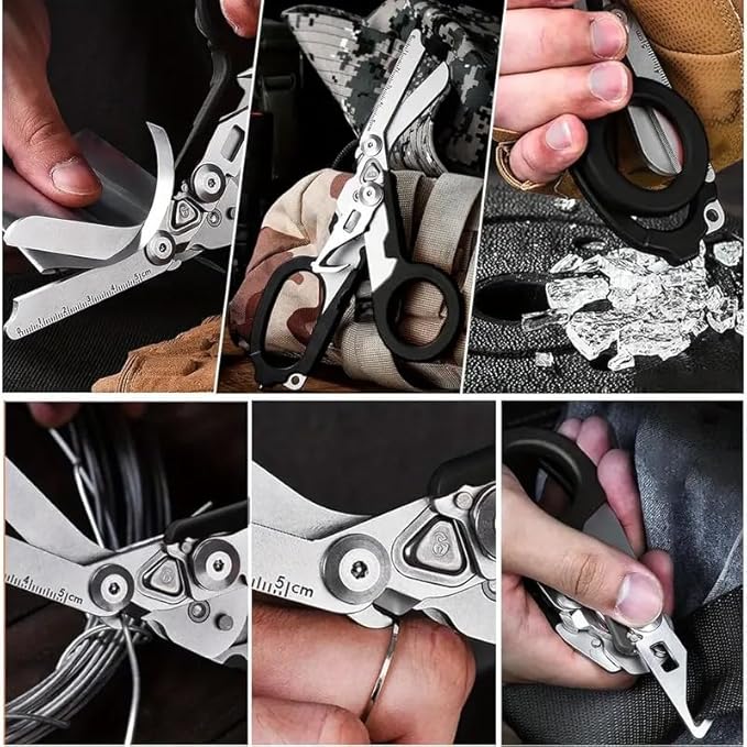 6 in 1 Multifunctional Combination Tool, Folding Retractable Emergency Shears, Outdoor Camping Tools, Seat Belt Cutter, Oxygen Cylinder Wrench, Complimentary Adjustable Wrench (pink)