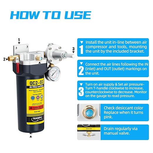 NANPU QC2 1/2" NPT Desiccant Air Dryer with Regulator and Gauge ??Inline Moisture Filter for Air Compressor, 1/2" NPT Ball Valve, 120 CFM, 153 PSI ??Ideal for Spray Painting and Pneumatic Tools