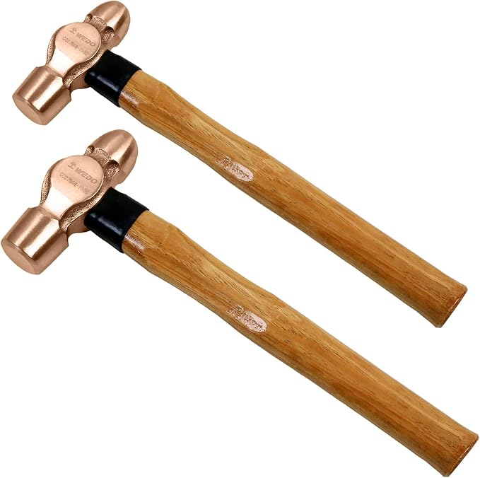 WEDO 2PCS Copper Ball Peen Hammer Set, 8 oz + 16 oz(1/2lb+1lb),Ball Pein Hammer with Wooden Handle, Die-Forged, Corrosion Resistant, DIN Standard