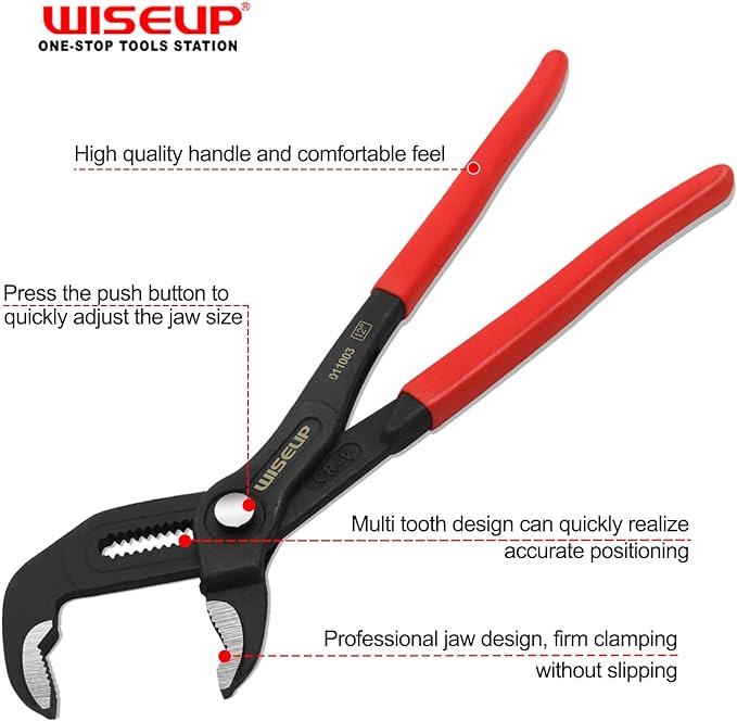 WISEUP Groove Joint Pliers Set - Fast Adjustable 7 & 10 Inch Water Pumper With Smooth Jaw - Tongue and Groove Wrench for Channel Home Repair, Gripping Nuts, Bolts, Pipe
