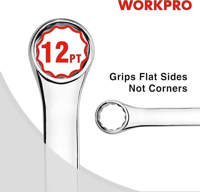 WORKPRO 12-Piece Combination Wrench Set, SAE 1/4"-7/8", Premium Cr-V Wrench Sets, 12PT, Mirror Polish Chrome Plating with Rolling Pouch