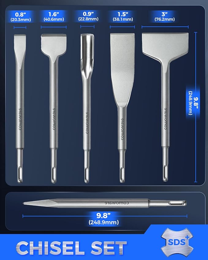 COMOWARE Chisel Set with SDS Plus Shanks, 6Pcs SDS Plus Chisels include Tile Grooving Scraping Flat Point Scaling Chisels 40Cr Steel Rotary Hammer Drill Bits Kit for Home Improvement