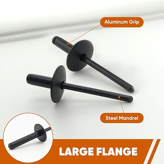 ALLCLEAN 80pcs All Black Large Flange Rivets,3/16 * 1" Open End Aluminum Blind Rivets,4.8 * 2 5Pop Blind Rivet