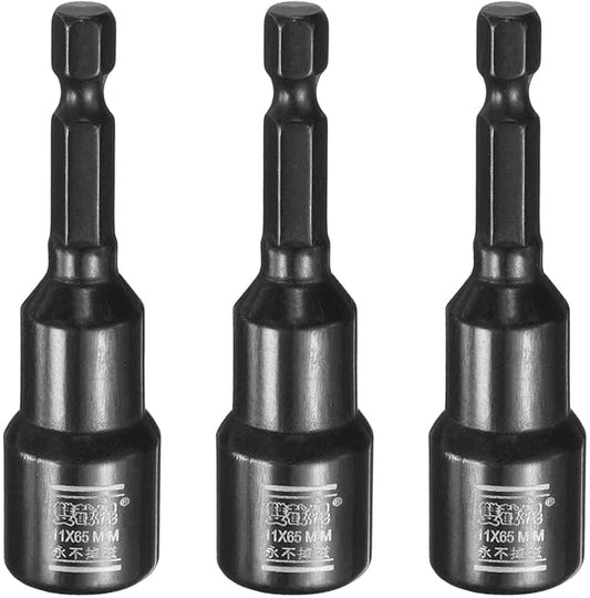 HARFINGTON 3pcs Nut Driver Drill Bit 11mm Metric Socket 1/4" Hex Shank 2.6" (65mm) Long Magnetic 6-Point Sockets Quick Change CR-V Steel Bolt Setters for Power Drill Drivers