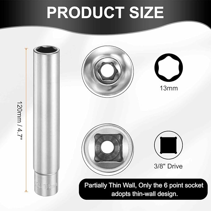 HARFINGTON 6 Points Deep Socket 3/8" Drive 13mm Deep Metric CR-V Steel Polished Nickel Plating Flip Sleeve 120mm / 4.7" Extra Long Socket Tool for Home Auto Nuts Bolts Repair
