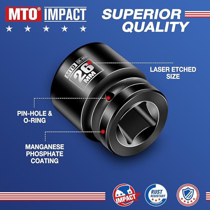 MTO 1/2" Drive 26mm Shallow Impact Socket, 6-Point Metric Socket, CR-MO Steel & Anti-Corrosion Coating for Tight Spaces and Heavy-Duty Tasks
