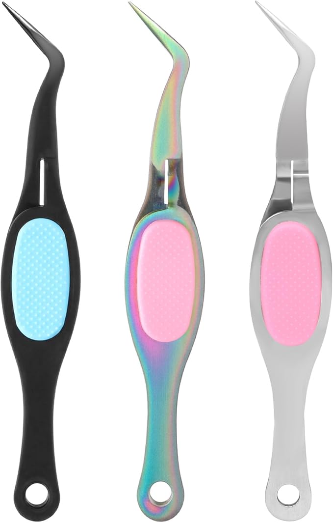 3 Pcs Reverse Tweezers Craft Crossing Lock Tweezers Crossing Locking Curved Crafting Tweezer, Stainless Steel Curved Tip Tweezer for Jewelry Beading, Electronics DIY Craft (Rainbow, Silver, Black)