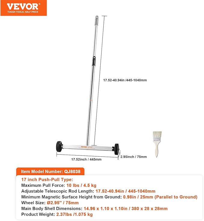 VEVOR Magnetic Pick Up Sweeper 17-inch Heavy Duty Magnet Pickup Lawn Sweeper Roofing Tools, 10 Lbs Yard Magnet with Telescoping Holder and Wheels to Pick Up Nails Magnetic Sweeper for Construction