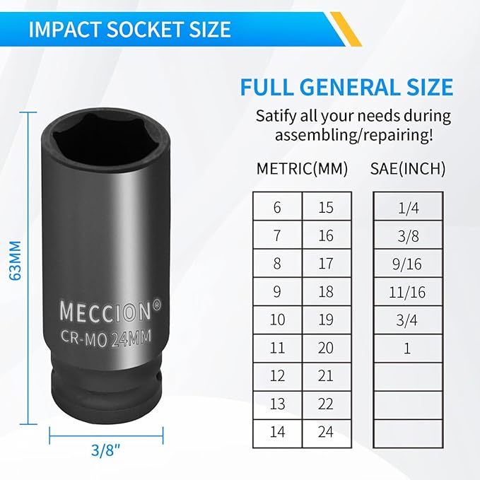 Meccion 3/8 Inch Drive Impact Socket 7mm Metric, 6 Point Cr-Mo Deep Socket, 63mm Length