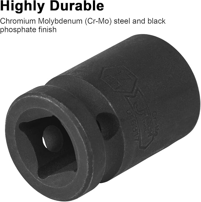 JETECH 1/2 Inch Drive 17mm Standard Impact Socket, Chrome Molybdenum Alloy Steel, 6-Point Design, Metric