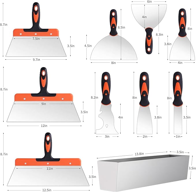Drywall Knife Set, 10Pcs Drywall Tools Includes Stainless Steel Putty Set, Taping knife, Painter Scraper Tool & 14" Mud Pan Perfect for Joint Taping, Finishing and Patching
