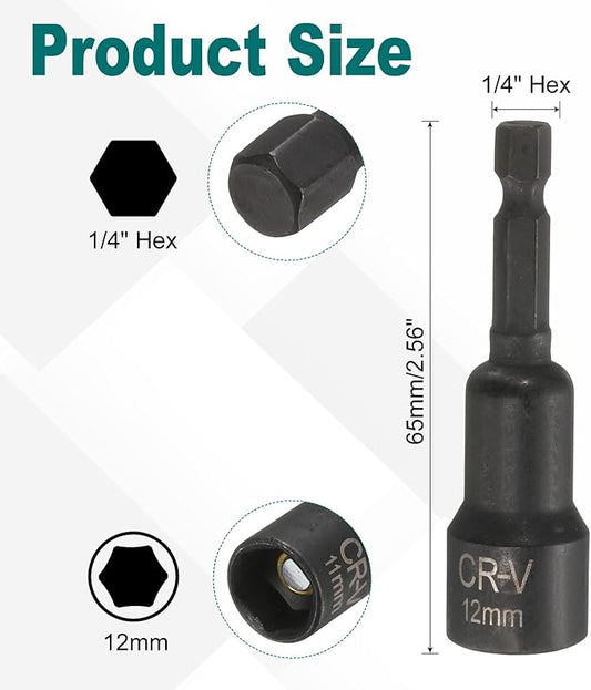 uxcell 2Pcs 1/4" Hex Shank 12mm Magnetic Hex Socket 65mm Length, CR-V Steel Quick-Release Impact Driver Socket Wrench Screw for Impact Drill Power Nut Setter