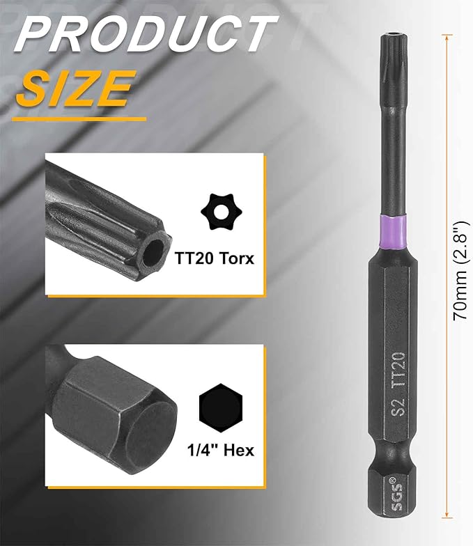 HARFINGTON TT20 Torx Head Impact Screwdriver Bits 1/4" Hex Shank 2.8" (70mm) Long Magnetic Tamper Proof 6 Point Star Screw Driver Drill Bits Phosphate S2 Steel Power Tools with Hole
