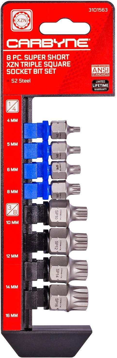 CARBYNE 8-Piece XZN Triple Square Super Short Low Profile Bit Socket Set - 12 Point | 4mm to 16mm, Dual-Drive: Internal Square Drive & External Hex Drive ??From a Family-Run Tool Company in the U.S.