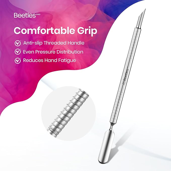 Beetles Pro Cuticle Pusher, Professional Stainless Steel Cuticle Remover Multi-function Dual Ended Nail Pusher for Fingernail Toenail Nail-Care Salon Manicure Needs