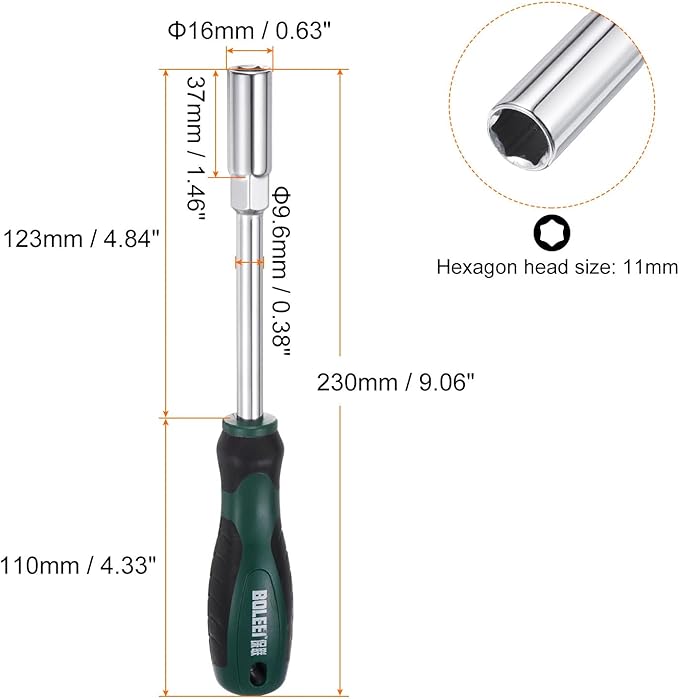 HARFINGTON Metric Nut Driver 11mm CR-V Non-Magnetic Tip Hollow Shafts Hex Socket Screwdriver with Non-Slip Handle for Automobile Repair