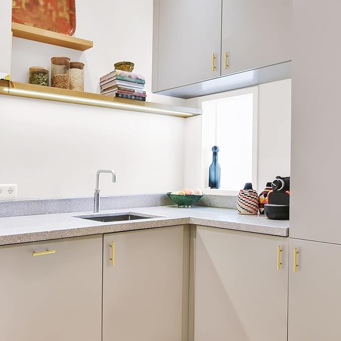 JOY DECOR 25 Pack 5 Inch Cabinet Pulls Kitchen Cabinet Handles with 3 Inch Hole Center Brushed Brass Cabinet Hardware Stainless Steel Kitchen Drawer Pulls for Cabinets Cupboard, 76mm Hole Centers