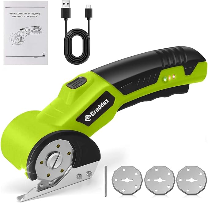 Cordless Electric Scissors竊똂ardboard Cutter Heavy Duty Scissor with 3 Blade, Safety Lock & Extra Blade竊똓otary Cutter for Cardboard Fabric Plastic Leather Green