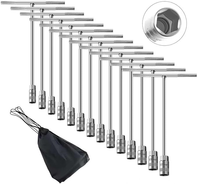 14Pcs T-Handle Wrenches Metric Socket Set, 6mm,-19mm Cr-V, Chrome Vanadium Steel T Handle Wrench Hex Socket for Motorcycle Bicycle Car Dirtbike Repair (14 Pack)