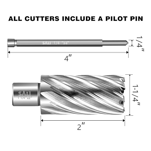 SALI 2 pcs Annular Cutter Diameter 1-1/4 Inch with Weldon Shank 3/4" (with 2 Flats) Cutting Depth 2" Mag Drill Bit for Magnetic Drill Press HSS Fully Ground Drill with One 1/4"*4" Pilot Pin