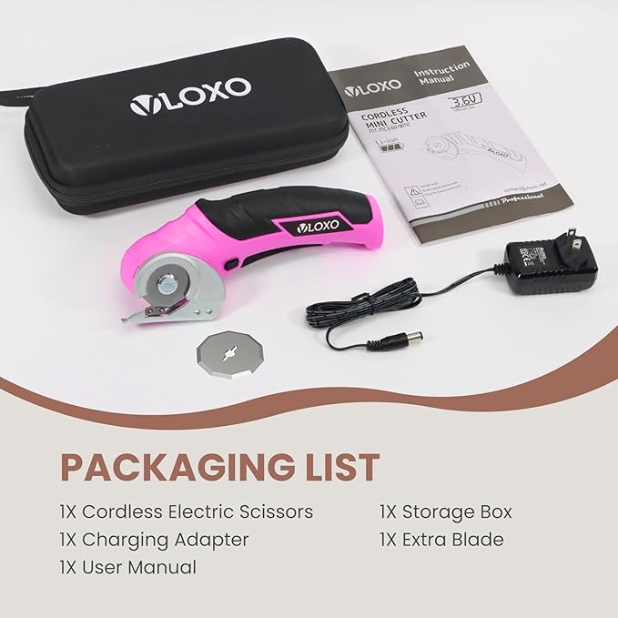 VLOXO Cardboard Cutter, Cordless Electric Scissors for Leather with Safety Lock, Box Cutter Electric Multi-Cutting Tools Rechargeable Powerful Scissors for Canvas Leather Plastic with Storage Box Pink