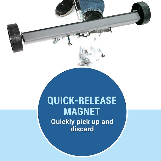 Quick-Release Rolling Magnetic Sweeper, Proudly Made-in-the-USA, 26-Inch Nail Magnet Sweeper on 4-inch Poly Wheels, for Easy Metal Debris Clean-Up. Roofing Edition. Handle sold seperately!