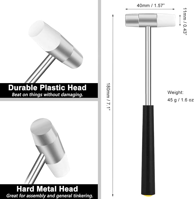 Dual Head Small Hammer, Plastic Head and Metal Head, Double face Jewelry Mallet, Mini Hammer for Crafts, Watch, Tuning, Woodworking, Toys, DIY, Leather, Instruments, 7 Inches,
